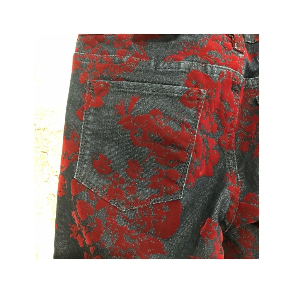 Decree Jeans Skinny Burgandy Velvet‎ Abstract Pattern Low Rise Goth Grunge Y2K